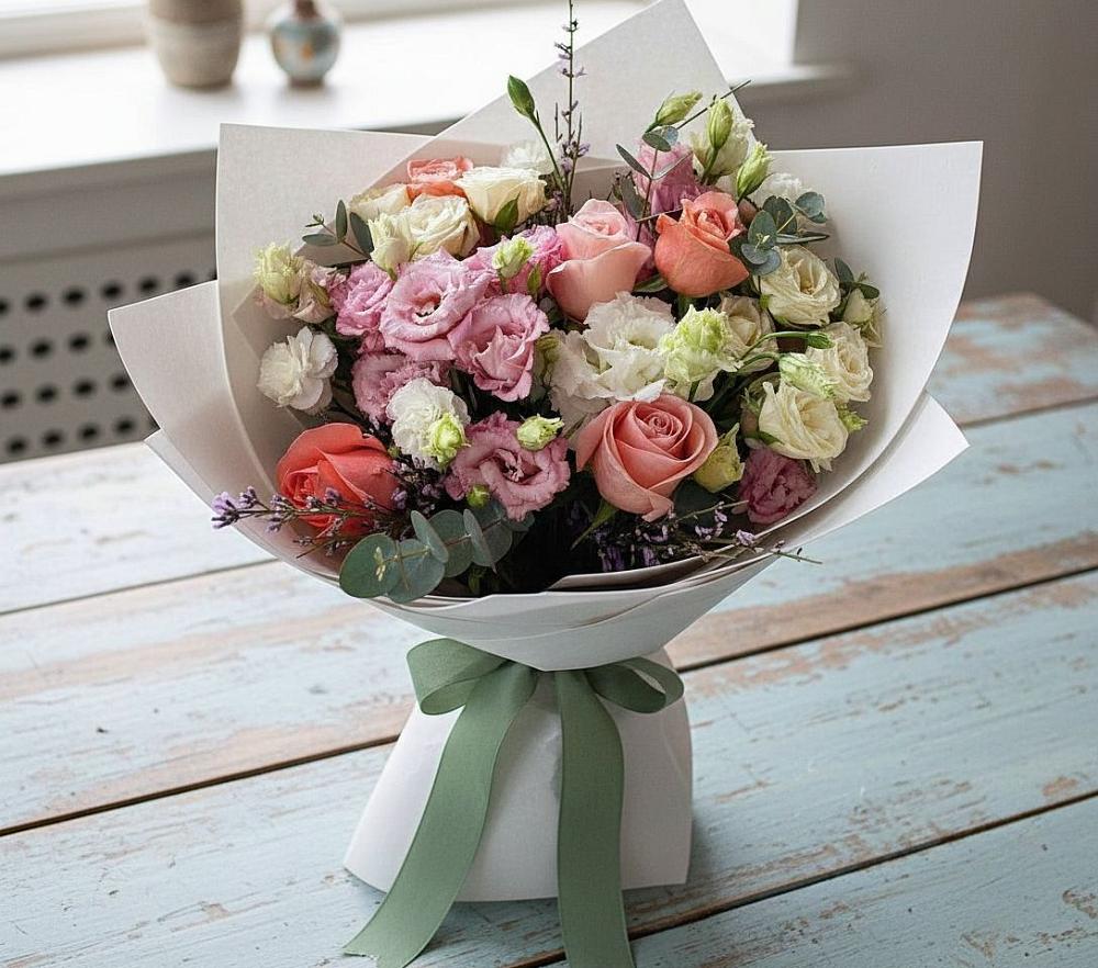 Букет цветов из: Розы, Лизиантусы и Гвоздики в Пугачёве