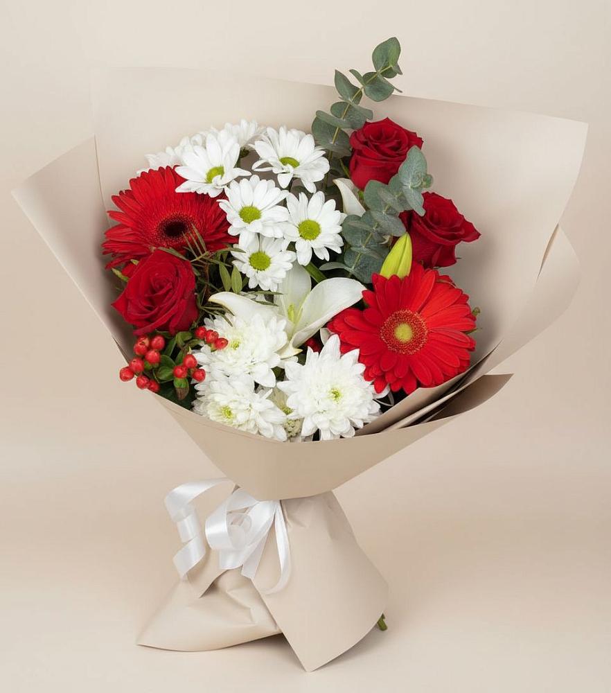 Букет цветов из: Розы, Хризантемы, Герберы и Лилии в Пугачёве